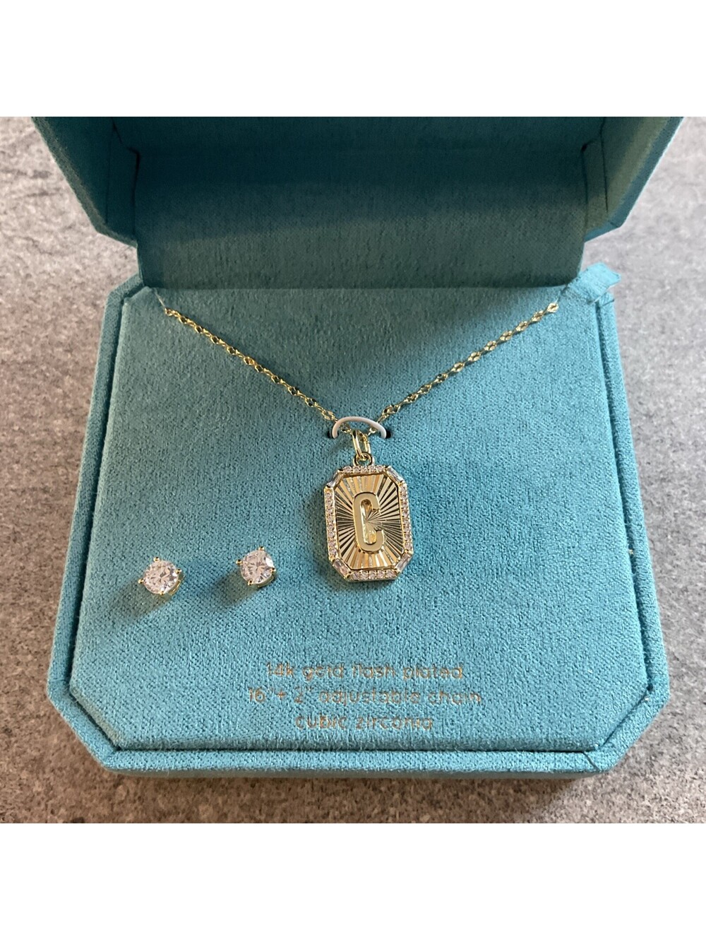NWT UNWRITTEN Cubic Zirconia C Initial Pendant Necklace and Stud Earring Set NEW